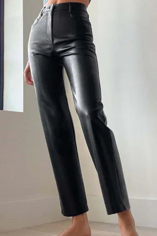 Beloure High Waist Straight Leather Trousers
