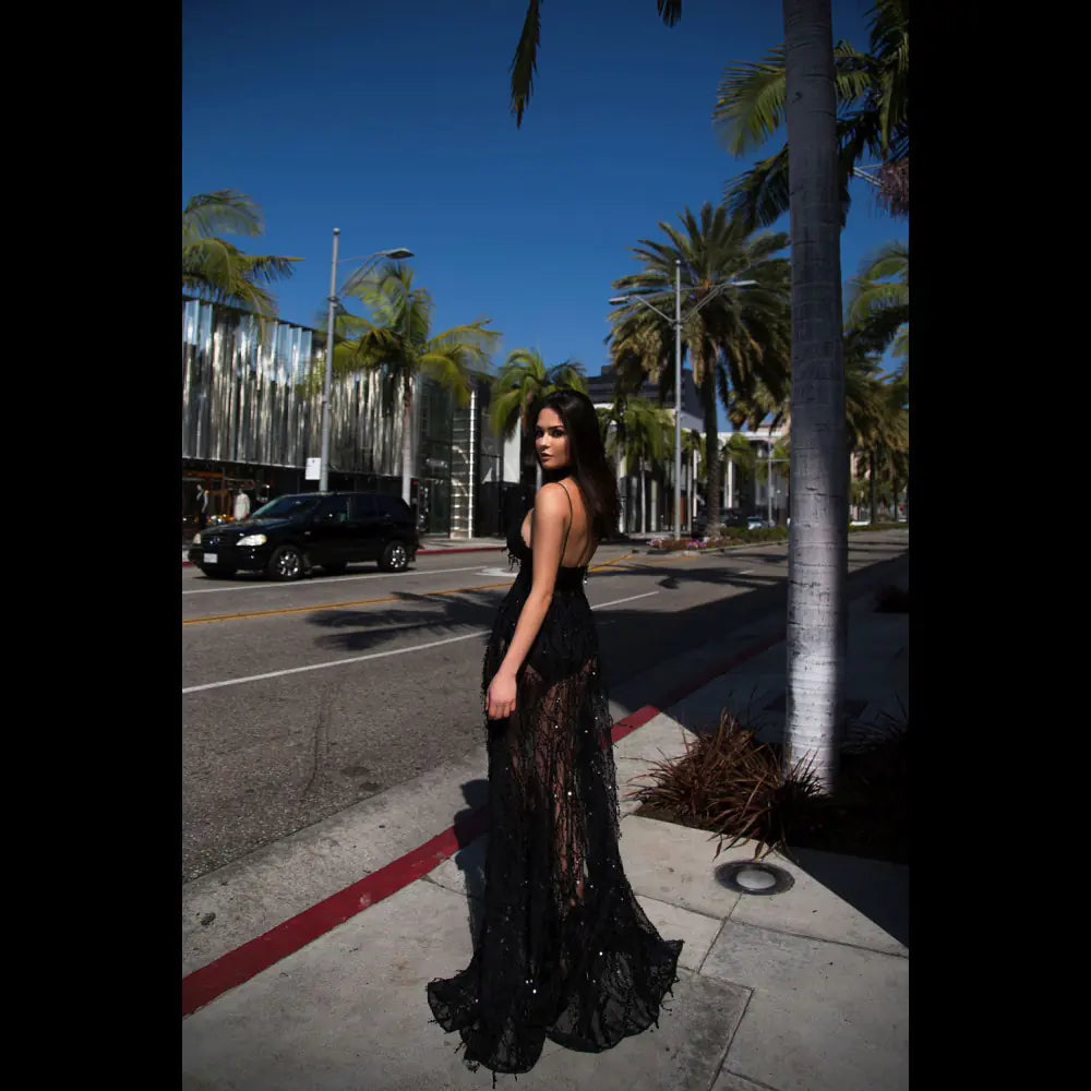2018 Sexy Black Sequin Maxi Dress with Slit
