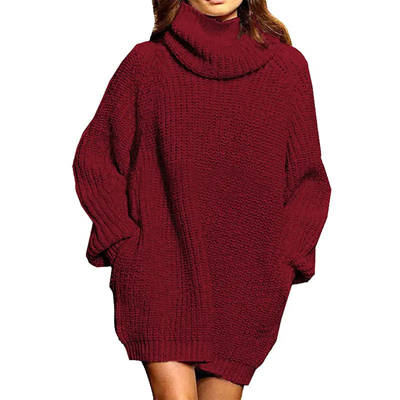 Beloure Long-sleeved High-neck Pocket Sweater Dress