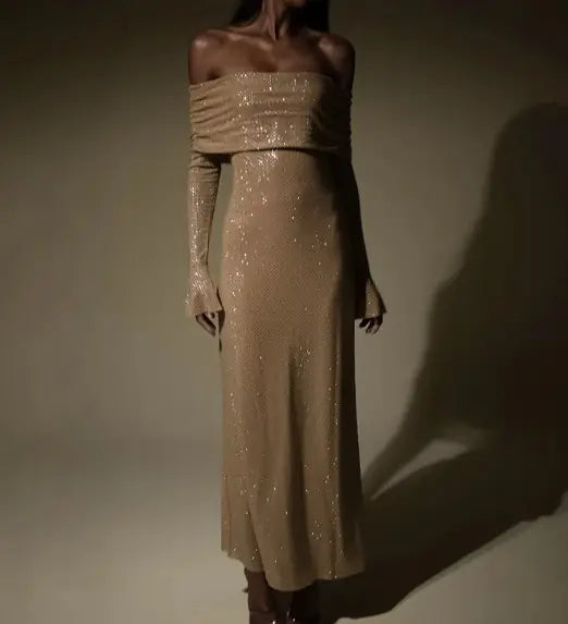 Off Shoulder Slim Rhinestone Noble Dress