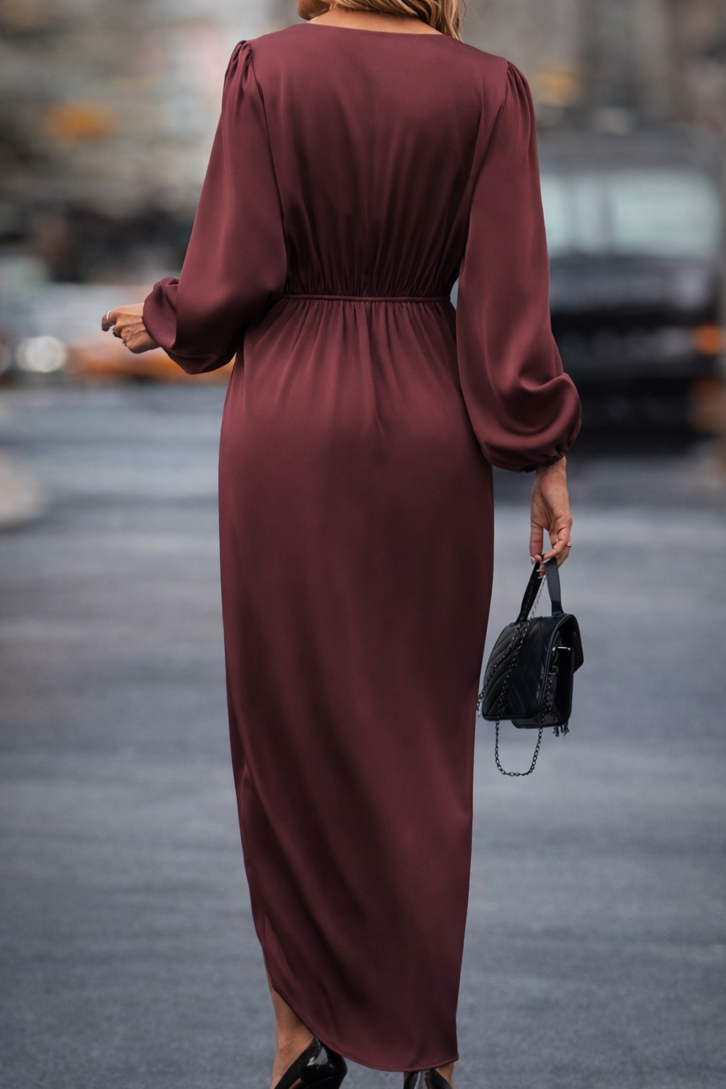 Beloure Elegant Dress with Lantern Sleeves and V-Neck