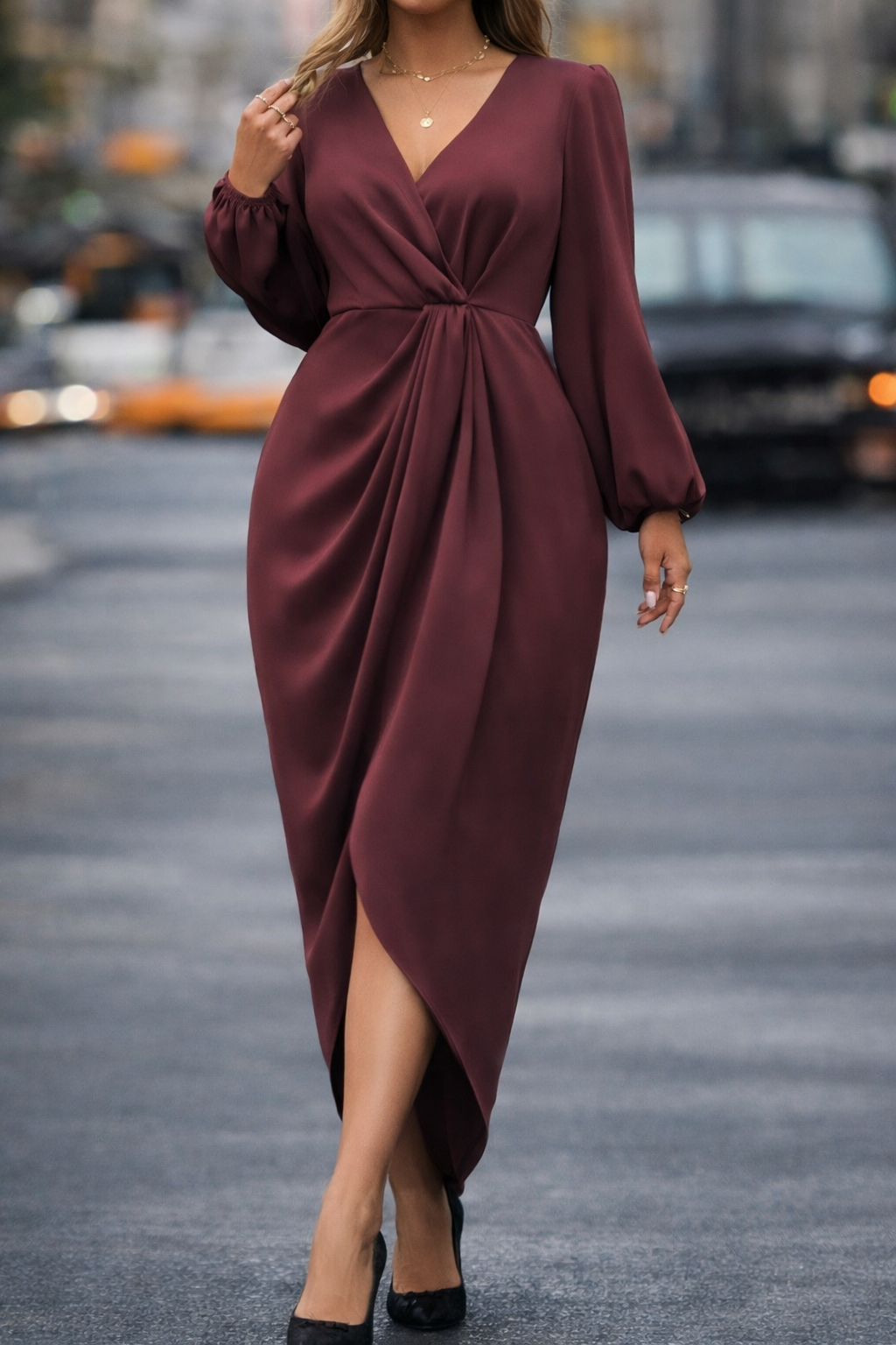 Beloure Elegant Dress with Lantern Sleeves and V-Neck