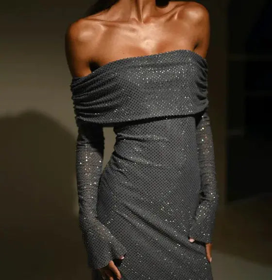 Off Shoulder Slim Rhinestone Noble Dress