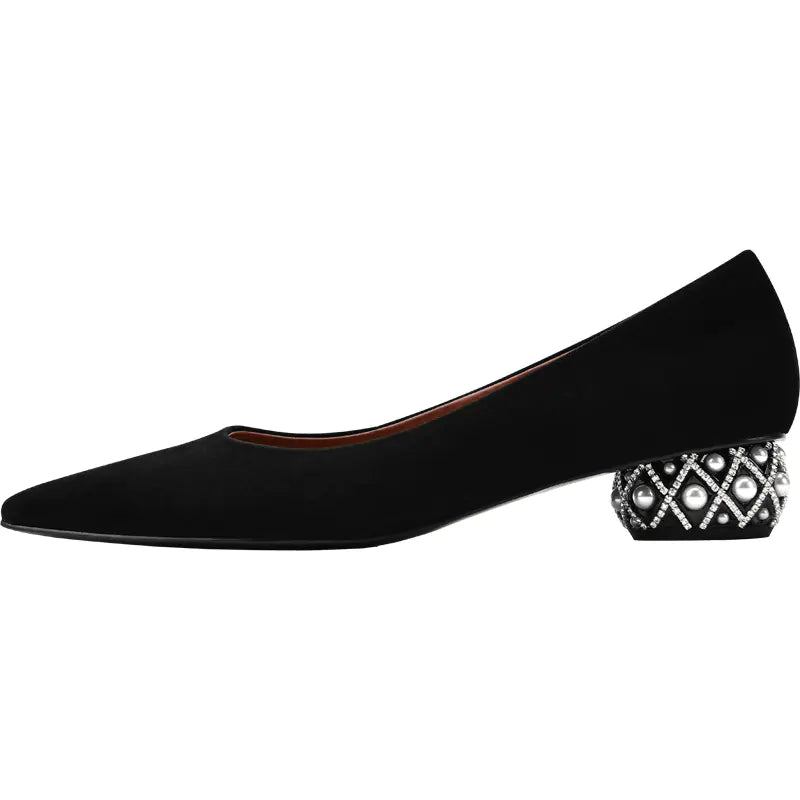 New Fall/Winter Low-Heel Women's Pointed Shoes with Pearls